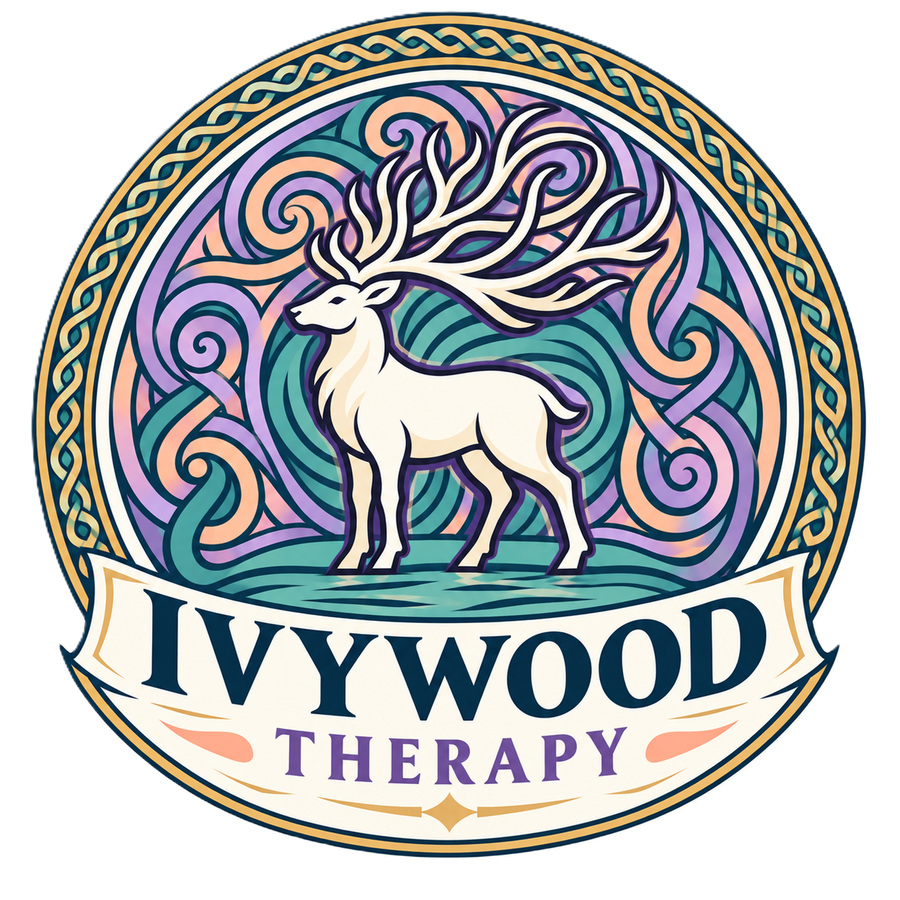 Ivywood Therapy logo: a white stag with flowing antlers inside Celtic knotwork, on a banner reading Ivywood Therapy